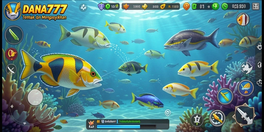 Tampilan gameplay DANA777 yang seru, menembak ikan dengan grafis menakjubkan.
