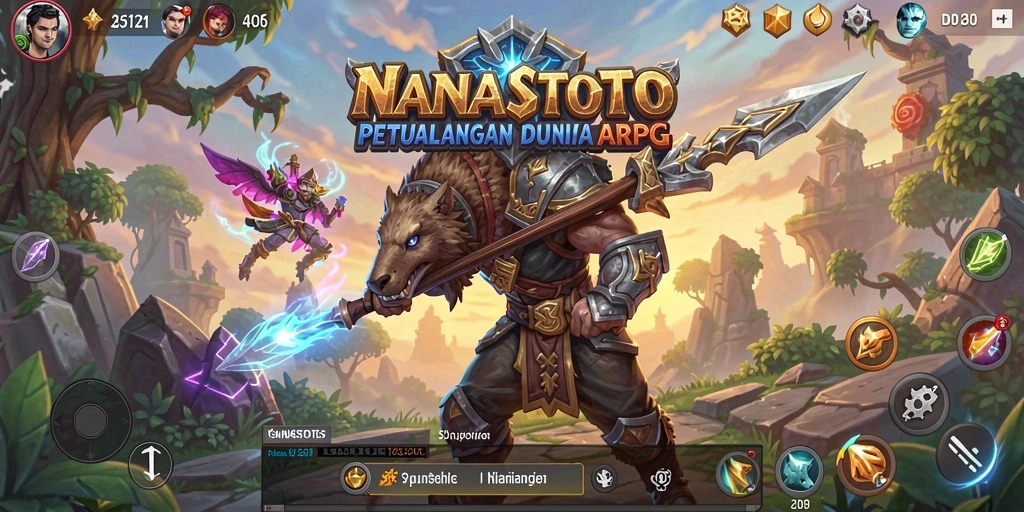 Screenshot gameplay NANASTOTO memperlihatkan pertarungan seru dan karakter yang menakjubkan.