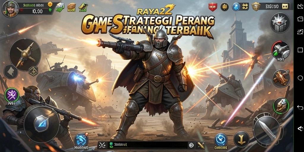 Screenshot utama RAYA22 menampilkan pertempuran epik dalam game SLG.